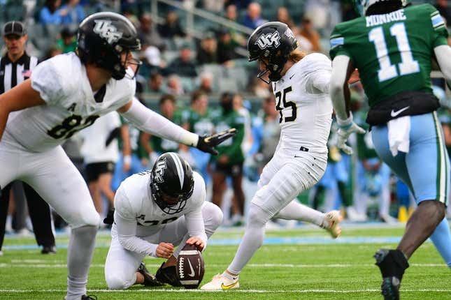 Nov 12, 2022; New Orleans, Louisiana, USA; UCF Knights place kicker Colton Boomer (35) kicks a field goal following a touchdown during the first quarter against the Tulane Green Wave at Yulman Stadium.