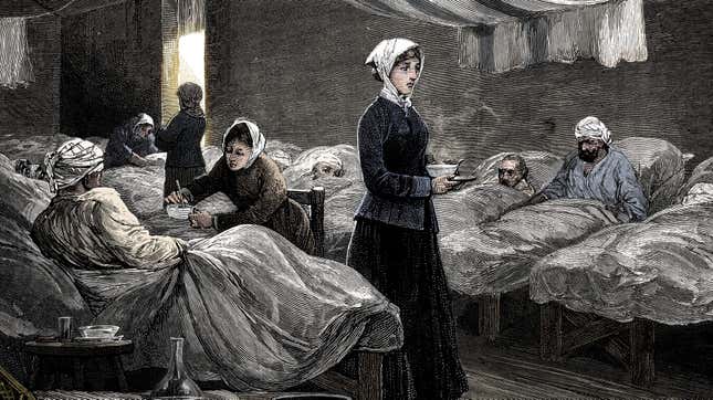 Engraving made c1880 showing the barrack hospital during the 1850s. In 1854, during the Crimean War (1853-1856), Sidney Herbert, Secretary of State for War, appointed the English nurse Florence Nightingale (1820-1910), a family friend, to introduce female nurses into the British military hospitals in the Crimea. Until the end of the war she worked tirelessly to improve conditions. (Colorised black and white print). Artist Unknown.