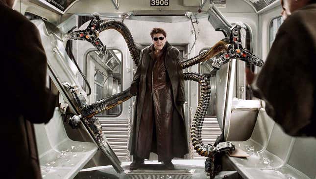 Doc Ock from 2004's Spider-Man 2, standing on a New York Subway car with his mechanical arms holding debris.