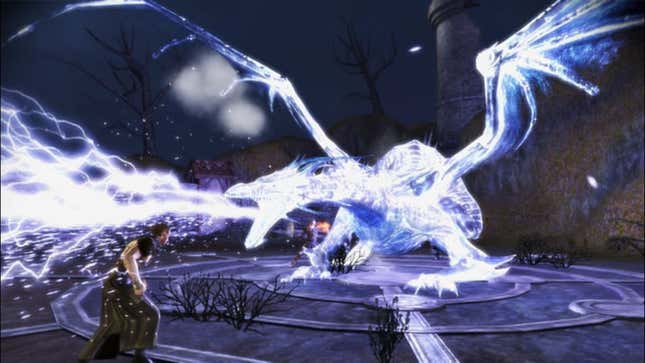 A dragon made of blueish magic breathes a fork of lightning to attack a character.