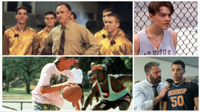 Clockwise from top left: Hoosiers (Orion Pictures), The Basketball Diaries (New Line Cinema), The Way Back (Warner Bros. Pictures), White Men Can’t Jump (20th Century Fox)