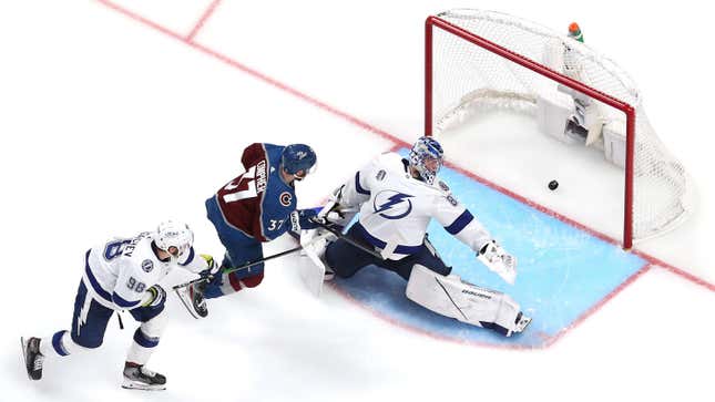Tampa’s Andrei Vasilevskiy fails to defend a goal from the Avs’ Andre Burakovsky during overtime to win Game One of the 2022 Stanley Cup Final.