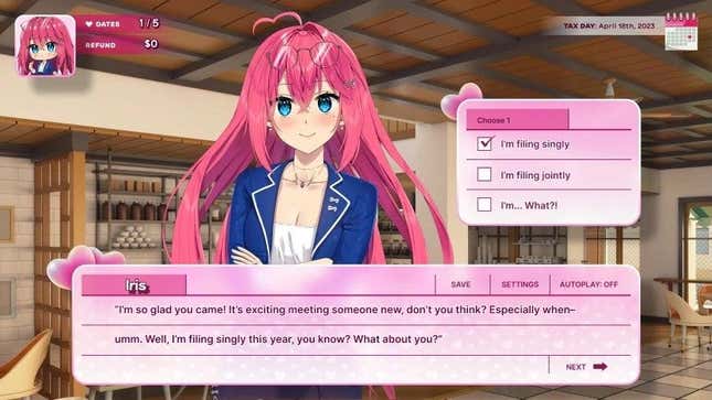 An anime girl asks users if they're filing singly or jointly.