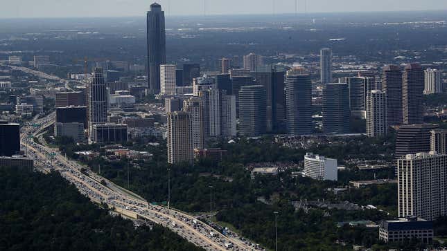 A photo of traffic on the outskirts of Houston, Texas. 