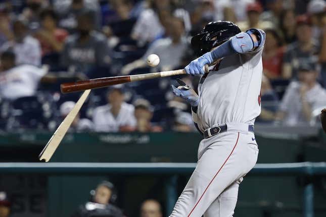 Aug 15, 2023; Washington, District of Columbia, USA; Boston Red Sox shortstop Trevor Story (10) breaks his bat against the Washington Nationals during the eighth inning at Nationals Park.
