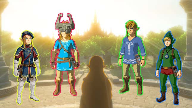 A modified screenshot of Zelda looking at multitple versions of Link.