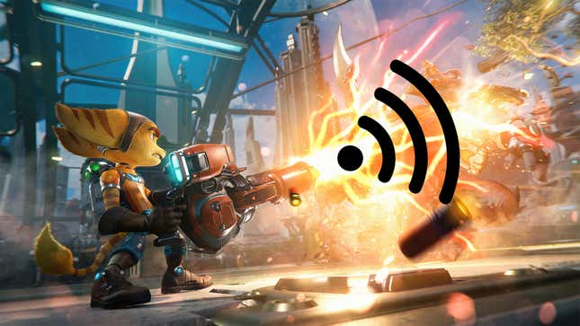 A screen from Ratchet & Clank: Rift Apart on the PS5 with Ratchet firing a Wi-Fi symbol. 