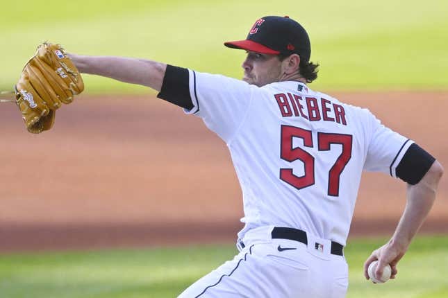 May 9, 2023; Cleveland, Ohio, USA; Cleveland Guardians starting pitcher Shane Bieber (57) delivers a pitch in the first inning against the Detroit Tigers at Progressive Field.
