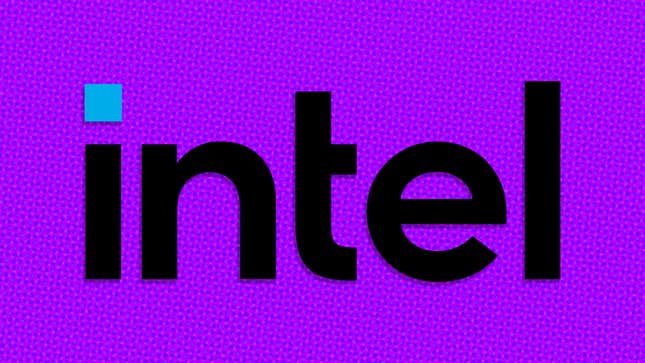 The Intel logo on purple background.