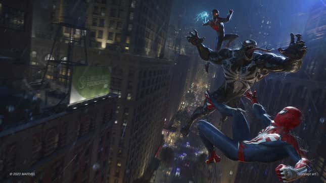 Venom y los dos Spider-Man. El simbionte será parte del nuevo juego Spider-Man 2