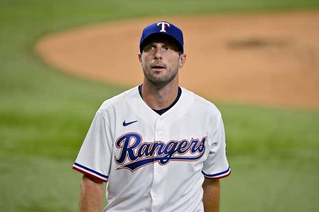 Aug 3, 2023; Arlington, Texas, USA; Texas Rangers starting pitcher Max Scherzer (31) in action during the game between the Texas Rangers and the Chicago White Sox at Globe Life Field.