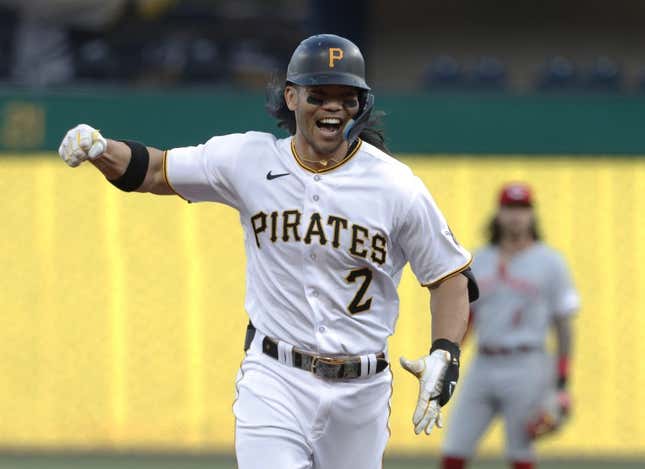 Apr 20, 2023; Pittsburgh, Pennsylvania, USA;  Pittsburgh Pirates right fielder Connor Joe (2) reacts as he circles the bases on a three run home run against the Cincinnati Reds during the first inning at PNC Park.
