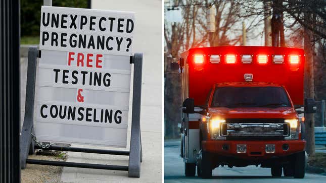 left:  sandwich sign is outside Problem Pregnancy, a crisis pregnancy center, on Pleasant Street in Worcester, MA. It is located near a Planned Parenthood clinic. Right: an ambulance with its lights flashing.