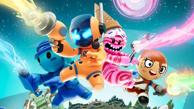 A group of colorful, cartoony heroes jump together in outer space. 