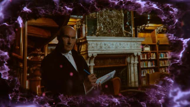 Comics writer Grant Morrison stares through a purple portal while holding a pencil and sketchbook.
