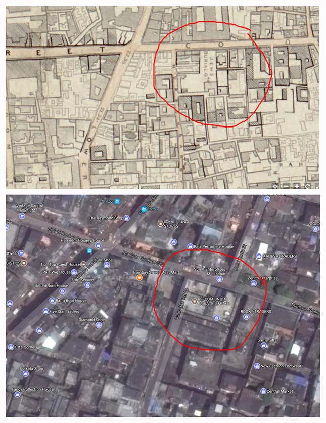 Simms Map (top) and Google Maps image (bottom) of Colootolla Jews Cemetery