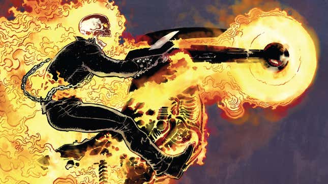A Marvel Comics illustration of Ghost Rider riding his motorcycle.