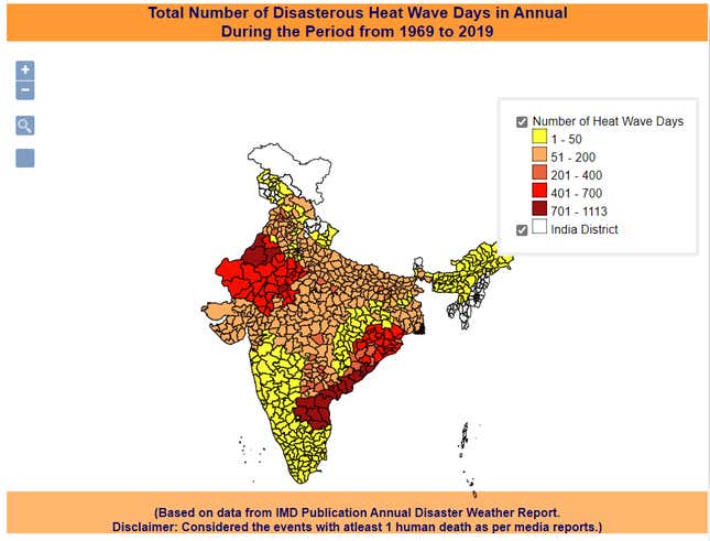 Annual heatwave days across India between 1969 and 2019.
