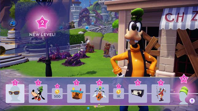 Goofy stands with his hands on his hips behind a battle pass-like menu.