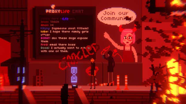 A metaphorical representation of the experience of being cancelled, as the game's audience turns on its developers.