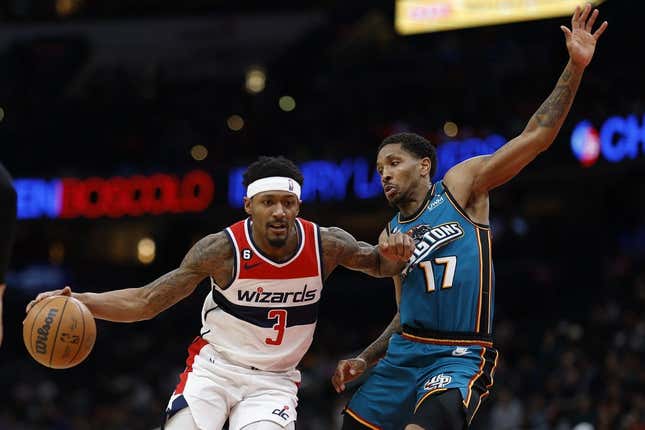Mar 14, 2023; Washington, District of Columbia, USA; Washington Wizards guard Bradley Beal (3) drives to the basket as Detroit Pistons guard Rodney McGruder (17) defends in the third quarter at Capital One Arena.