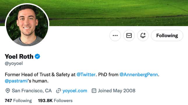 A screenshot of Yoel Roth's Twitter profile, which says he formerly worked at Twitter.
