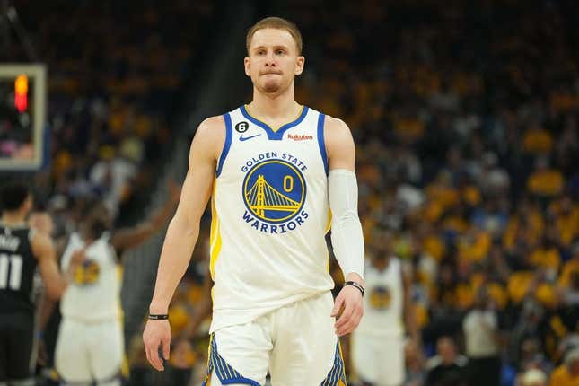 Apr 23, 2023; San Francisco, California, USA; Golden State Warriors guard Donte DiVincenzo (0) during the second quarter of game four of the 2023 NBA playoffs against the Sacramento Kings at Chase Center.