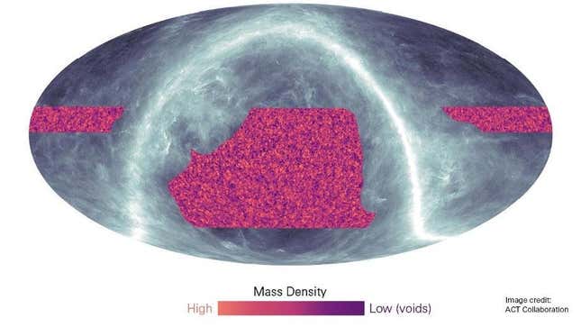 Areas of more (orange) and less (purplish) mass showing the distribution of dark matter in the universe.