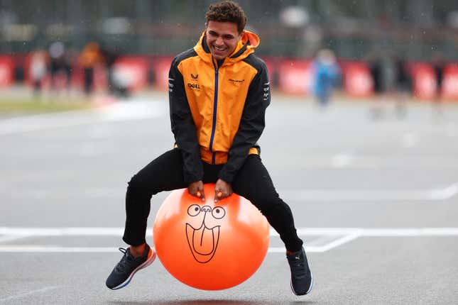 Lando Norris on a “space hopper” ahead of the 2022 British Grand Prix.
