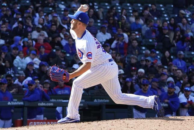 Apr 27, 2023; Chicago, Illinois, USA; Chicago Cubs relief pitcher Brad Boxberger (25) throws against the San Diego Padres during the ninth inning at Wrigley Field.