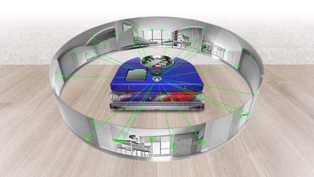 Dyson 360 Vis Nav robovac'ın kamerasının, temizlediği odanın 360 derecelik görüntülerini nasıl oluşturduğuna dair simüle edilmiş bir bakış.