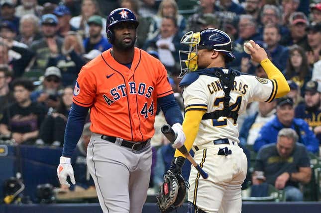 May 24, 2023; Milwaukee, Wisconsin, USA; Houston Astros designated hitter Yordan Alvarez (44) walks back to the dugout after striking out in the sixth inning during game against the Milwaukee Brewers at American Family Field.
