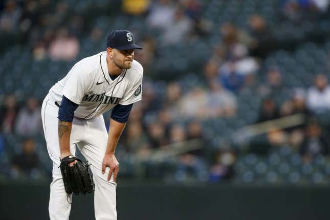 Apr 6, 2021; Seattle, Washington, USA; Seattle Mariners starting pitcher James Paxton (44) reacts following an injury during the second inning against the Chicago White Sox at T-Mobile Park.
