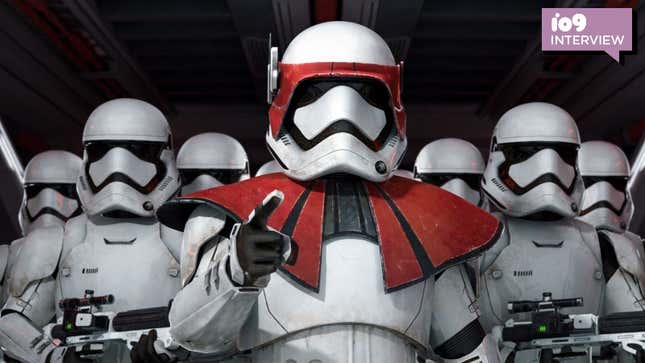 A new stormtrooper named Lt. Gauge has armor with red highlights and points his finger at the viewer while regular troopers are lined up behind him.