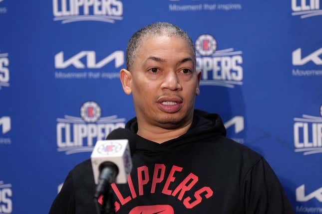 Apr 5, 2023; Los Angeles, California, USA; LA Clippers coach Tyronn Lue at a press conference during the game against the Los Angeles Lakers at Crypto.com Arena.