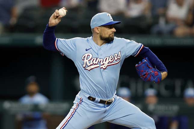 Jun 4, 2023; Arlington, Texas, USA; Texas Rangers starting pitcher Nathan Eovaldi (17) throws a pitch in the first inning against the Seattle Mariners at Globe Life Field.