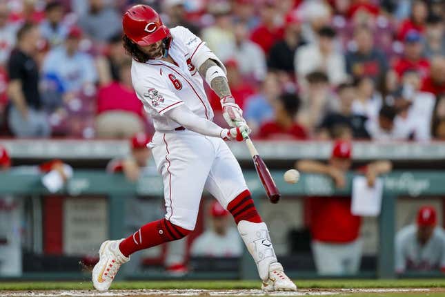 Apr 13, 2023; Cincinnati, Ohio, USA; Cincinnati Reds designated hitter Jonathan India (6) hits a double in the first inning against the Philadelphia Phillies at Great American Ball Park.