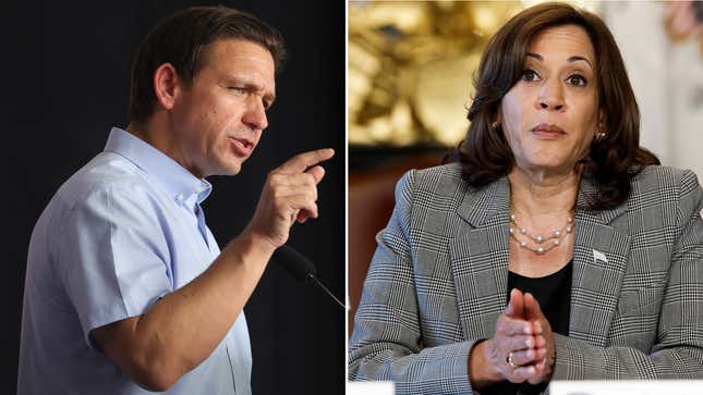 Image for article titled Ron DeSantis Invites Kamala Harris to Debate Florida&#39;s Slavery Curriculum With His Racist Friend