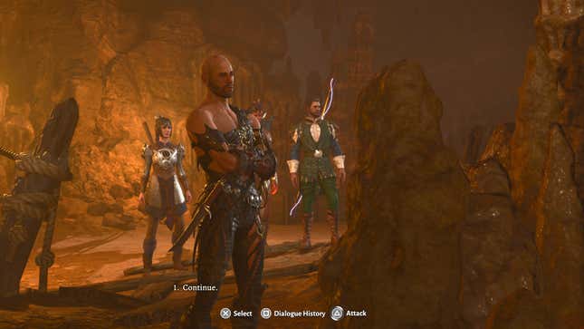 Shep, Shadowheart, and Gale are shown standing in a cave system with a bugged dialogue choice that only allows the player to choose "Continue."