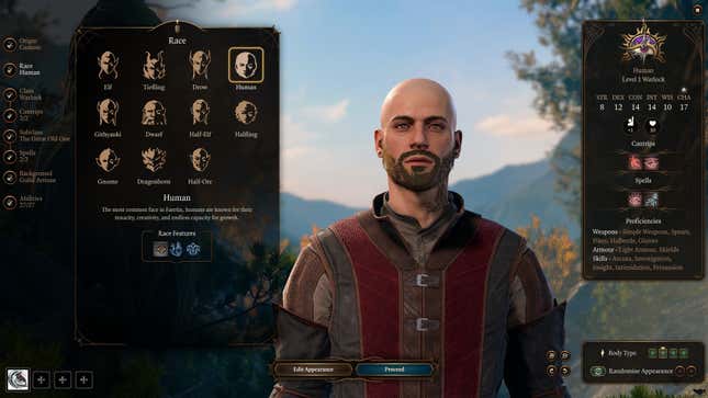 The Baldur's Gate 3 character creator shows the player choosing their race.