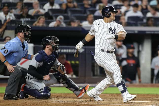 Sep 6, 2023; Bronx, New York, USA;  New York Yankees center fielder Jasson Dominguez (89) hits an RBI single in the fourth inning against the Detroit Tigers at Yankee Stadium.
