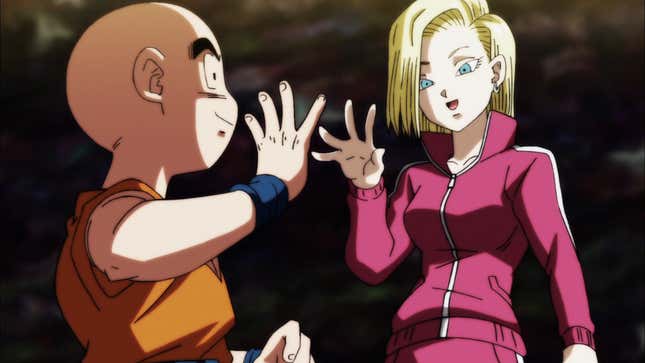 Krillin and Android 18 gesture at each other in the Dragon Ball anime.