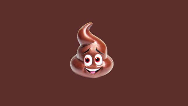 A smiling cartoon poop emoji on a brown background