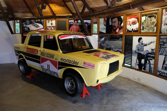 In the family museum of Pablo Escobar (El Patron) run by Roberto Escobar, his eldest brother also known as “The Accountant” an old racing car which was his favorite is displayed in a hall with his pictures of racing cars on the wall on February 13, 2019 in Medellin, Colombia. Pablo Escobar Gaviria better known as El Patron was the most notorious Colombian drug lord who died on 2 December 1993 in Medellin, Colombia. 