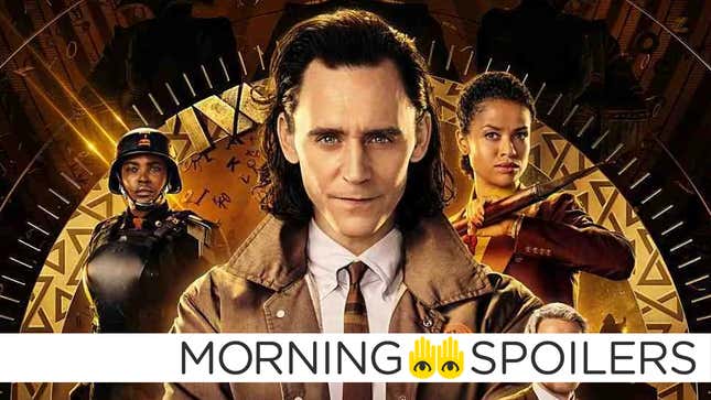 The latest poster from Marvel's Loki series featuring Wunmi Mosaku in armor, Tom Hiddleston in a suit, and Gugu Mbatha-Raw in an action pose with a spear.