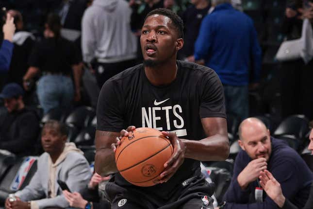Apr 22, 2023; Brooklyn, New York, USA; Brooklyn Nets forward Dorian Finney-Smith (28) warms up before game four of the 2023 NBA playoffs against the Philadelphia 76ers at Barclays Center.