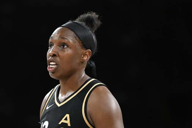 Aug 15, 2023; Las Vegas, Nevada, USA; Las Vegas Aces guard Chelsea Gray (12) during the second quarter in the game against the New York Liberty at Michelob Ultra Arena.