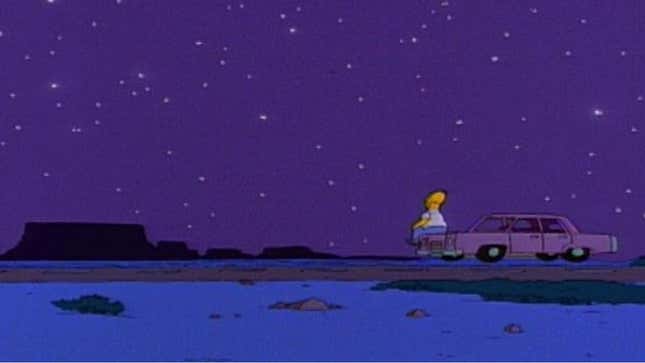 A screenshot of The Simpsons shows Homer on his car looking at a purple night sky. 