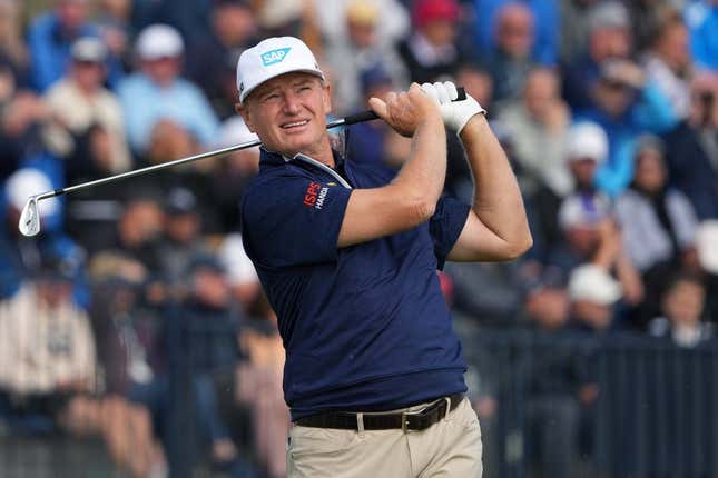July 20, 2023; Hoylake, ENGLAND, GBR; Ernie Els plays his shot from the fourth tee during the first round of The Open Championship golf tournament at Royal Liverpool.