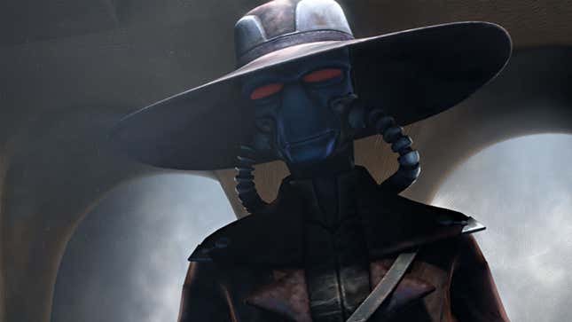 Cad Bane stands in a smoky room while wearing a large cowboy hat. 